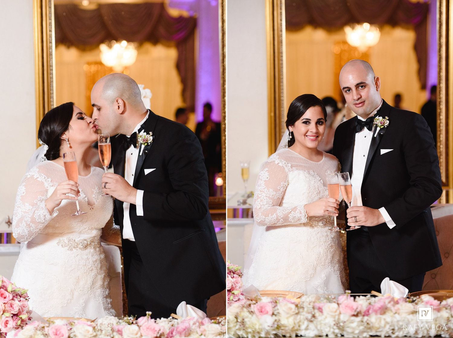 Bride and groom sharing a romantic toast with champagne at their elegant wedding reception.