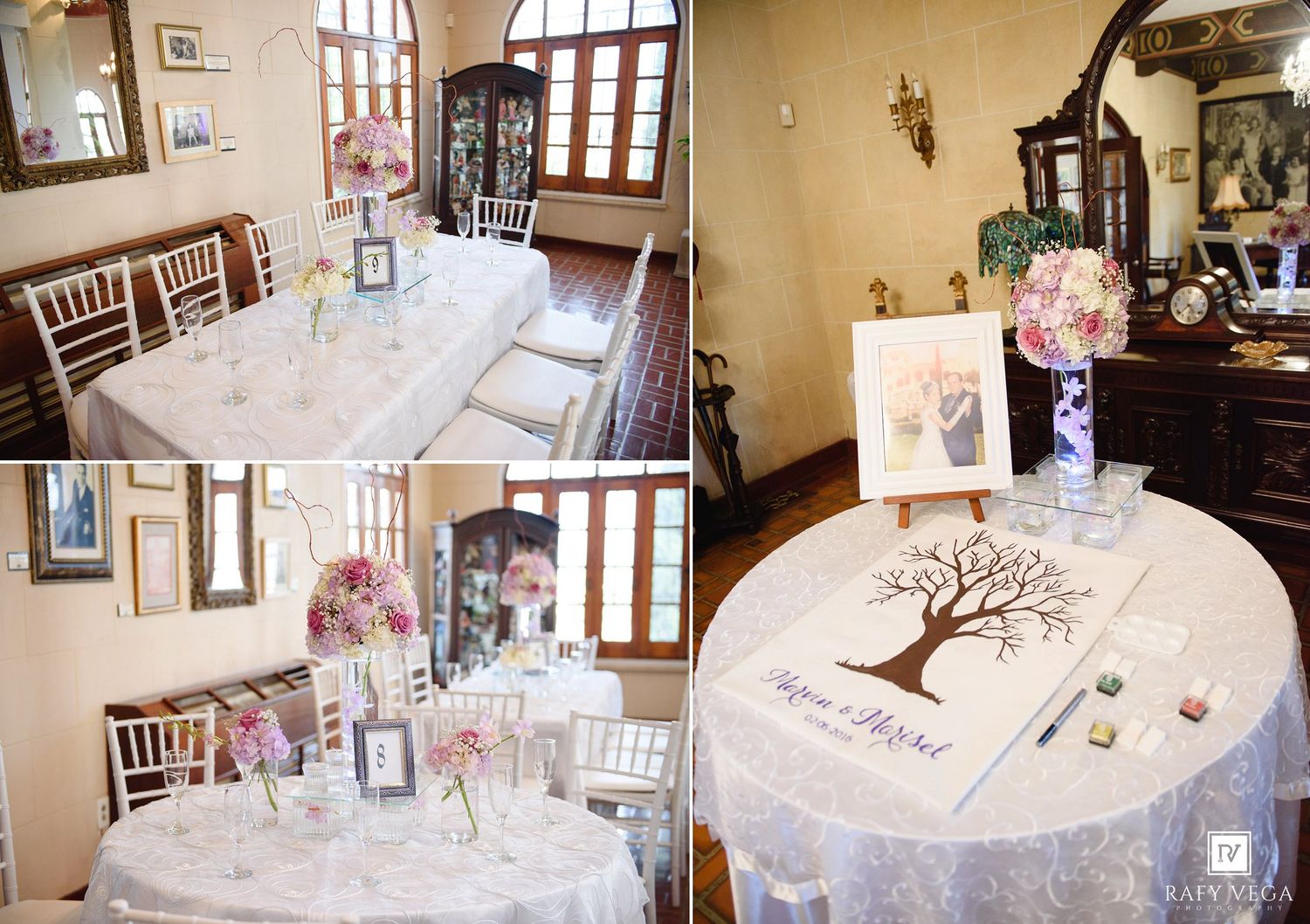 Elegant wedding reception tables decorated with pink floral centerpieces, a guest book tree, and delicate lace tablecloths.