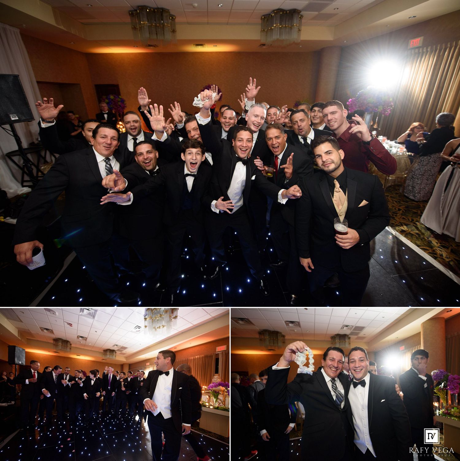 Group of men in tuxedos celebrating at a formal wedding reception, posing and cheering on a starlit dance floor.