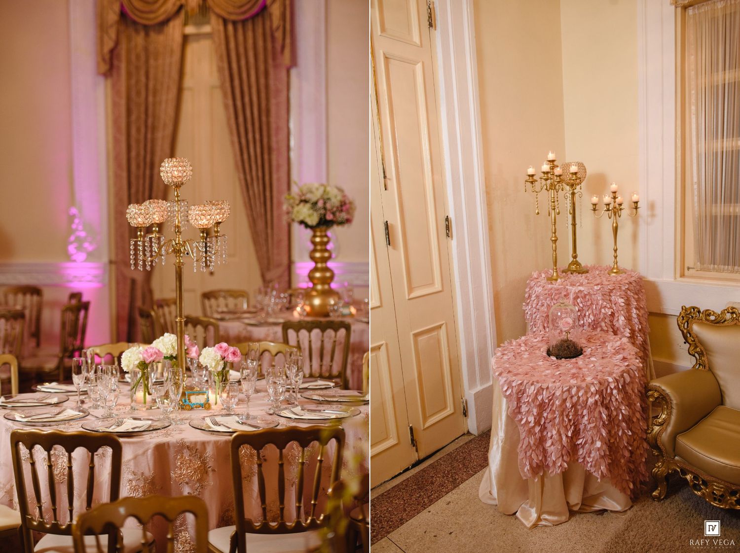 Elegant wedding reception venue with blush pink decor, gold candelabras, and ornate chiavari chairs.