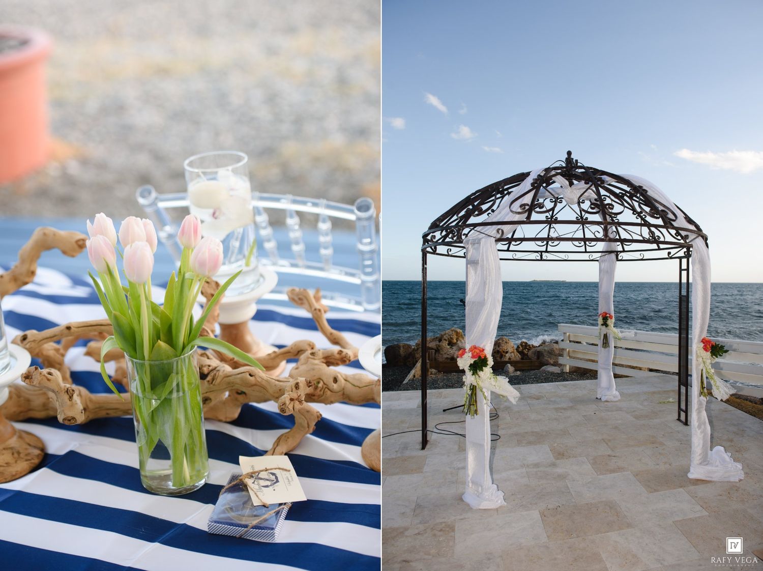 Nautical striped table with tulips and driftwood centerpiece beside an elegant oceanfront wedding gazebo draped in white fabric.