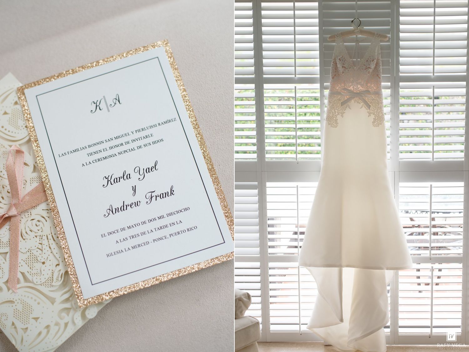 Wedding invitation with gold glitter border and blush ribbon beside a lace bridal gown hanging by a window.