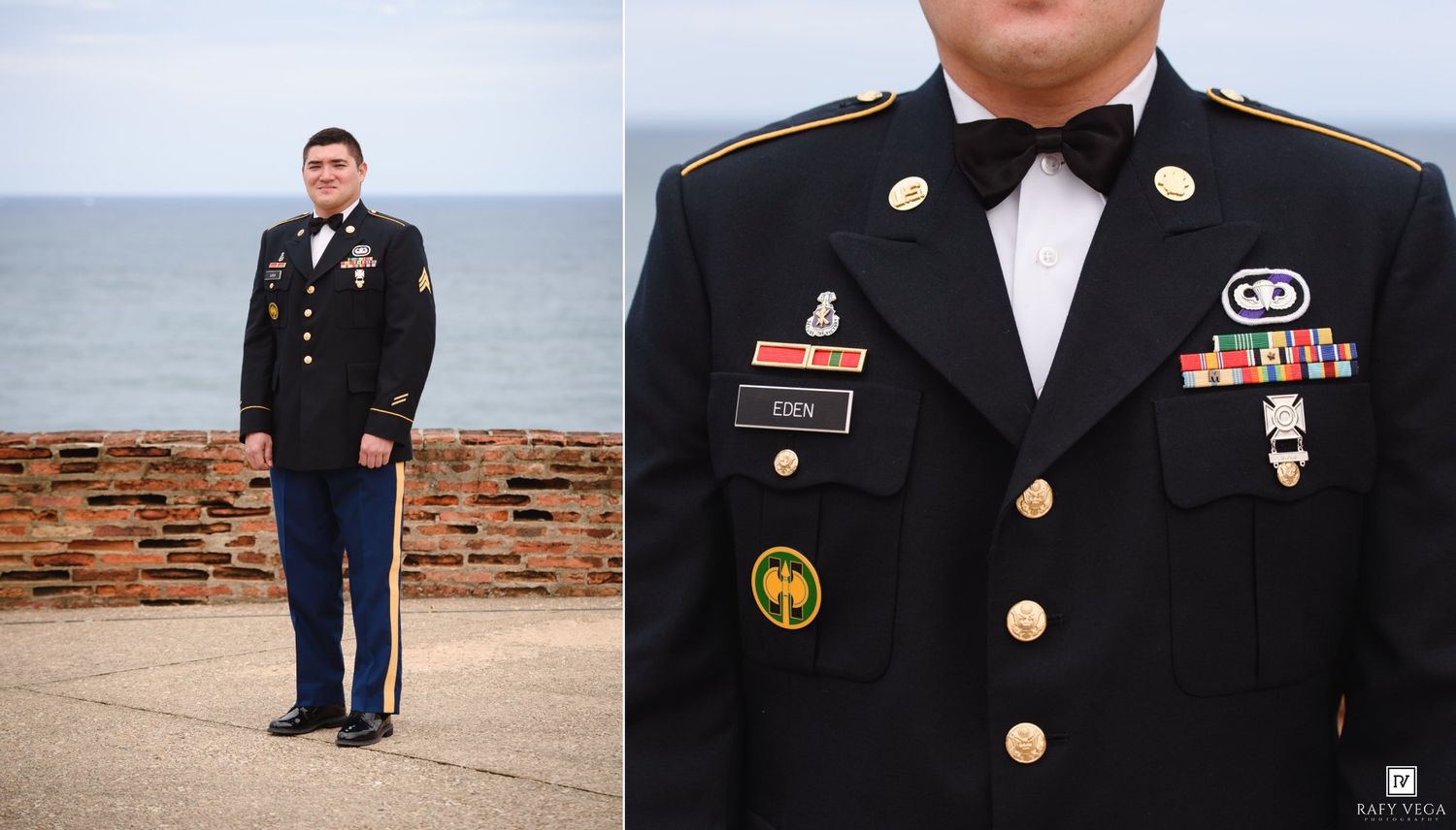 US Army soldier in dress uniform stands outdoors near water, with close-up detail of military medals and ribbons on jacket.