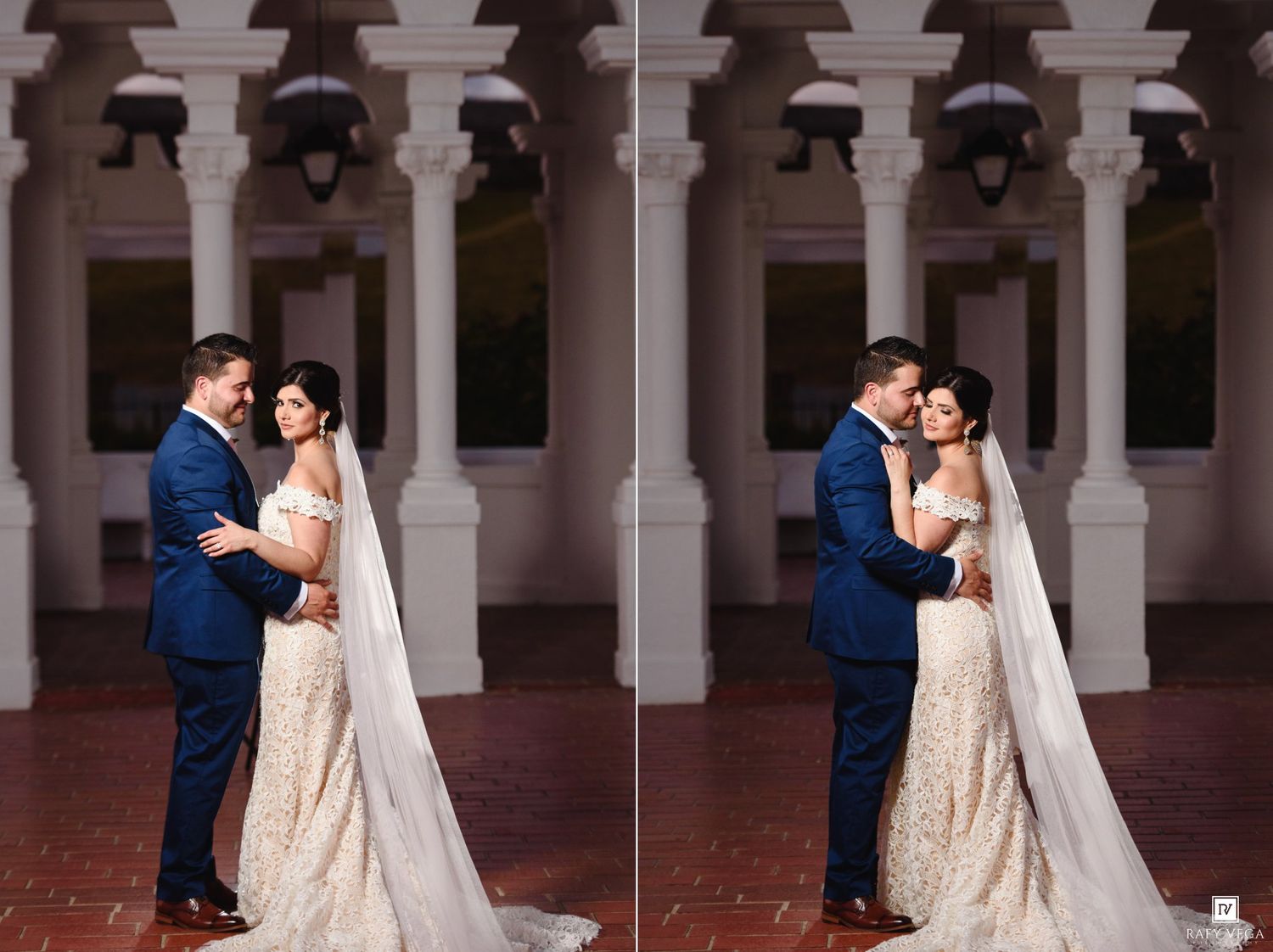Bride and groom share a romantic embrace in a stunning wedding portrait at an elegant columned venue.