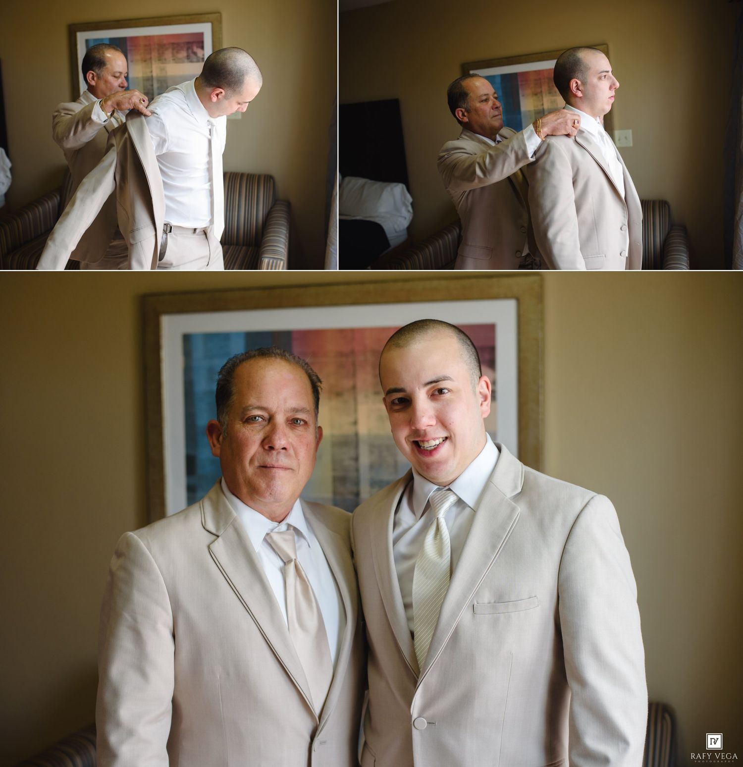 Father and son in matching tan suits posing together, with candid getting-ready shots above them.