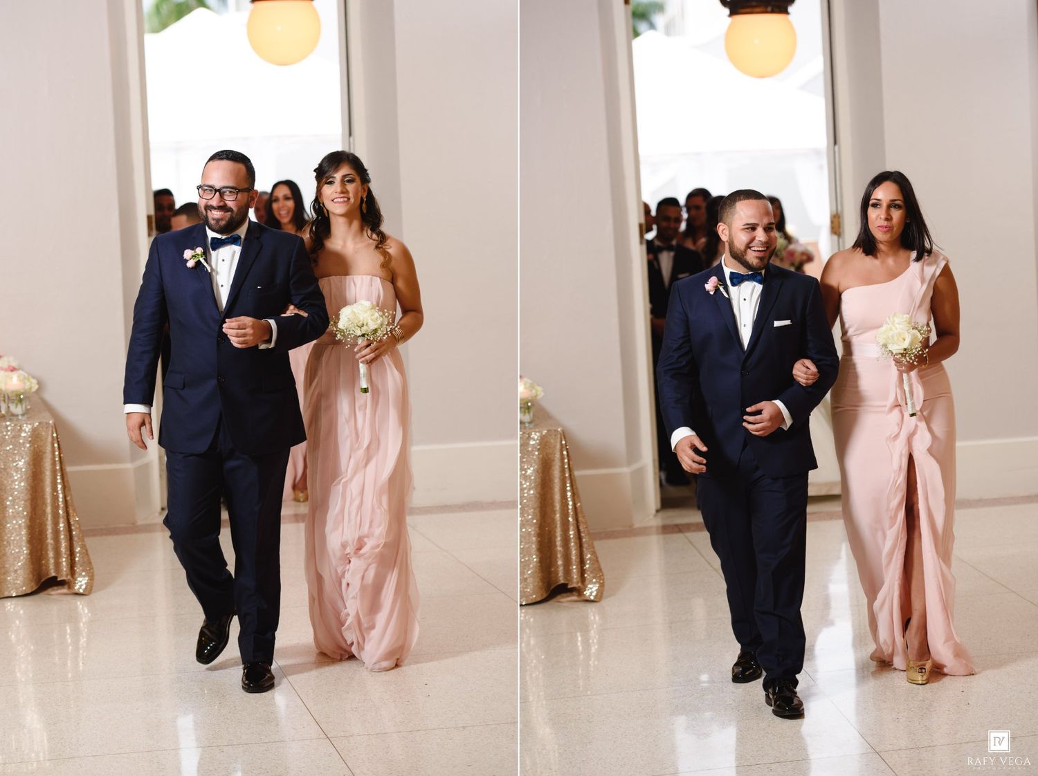 Groomsmen escort bridesmaids in blush pink gowns down the aisle at an elegant wedding ceremony.