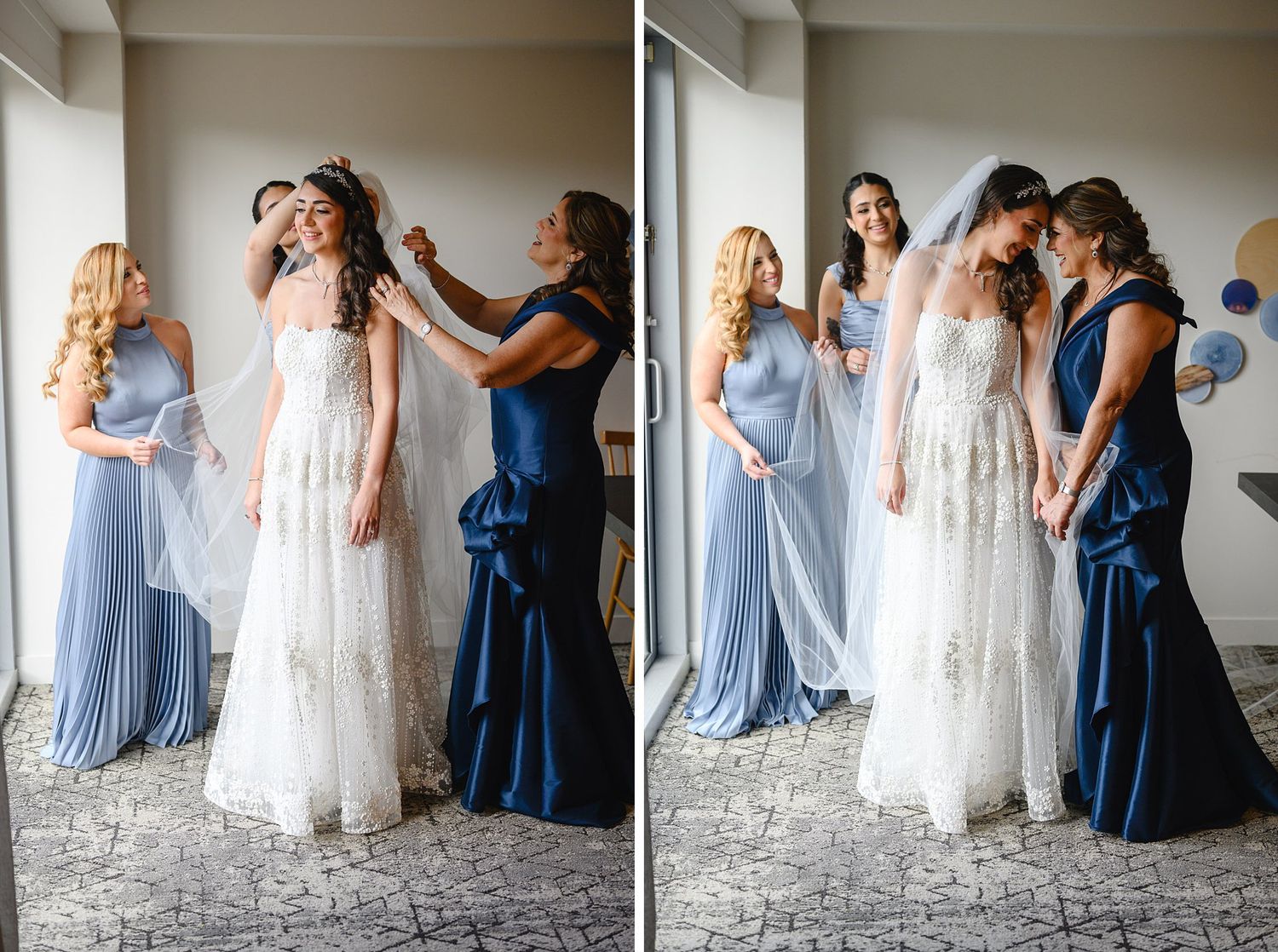 Bridesmaids in blue gowns help a bride in a lace wedding dress with her veil during bridal preparations.
