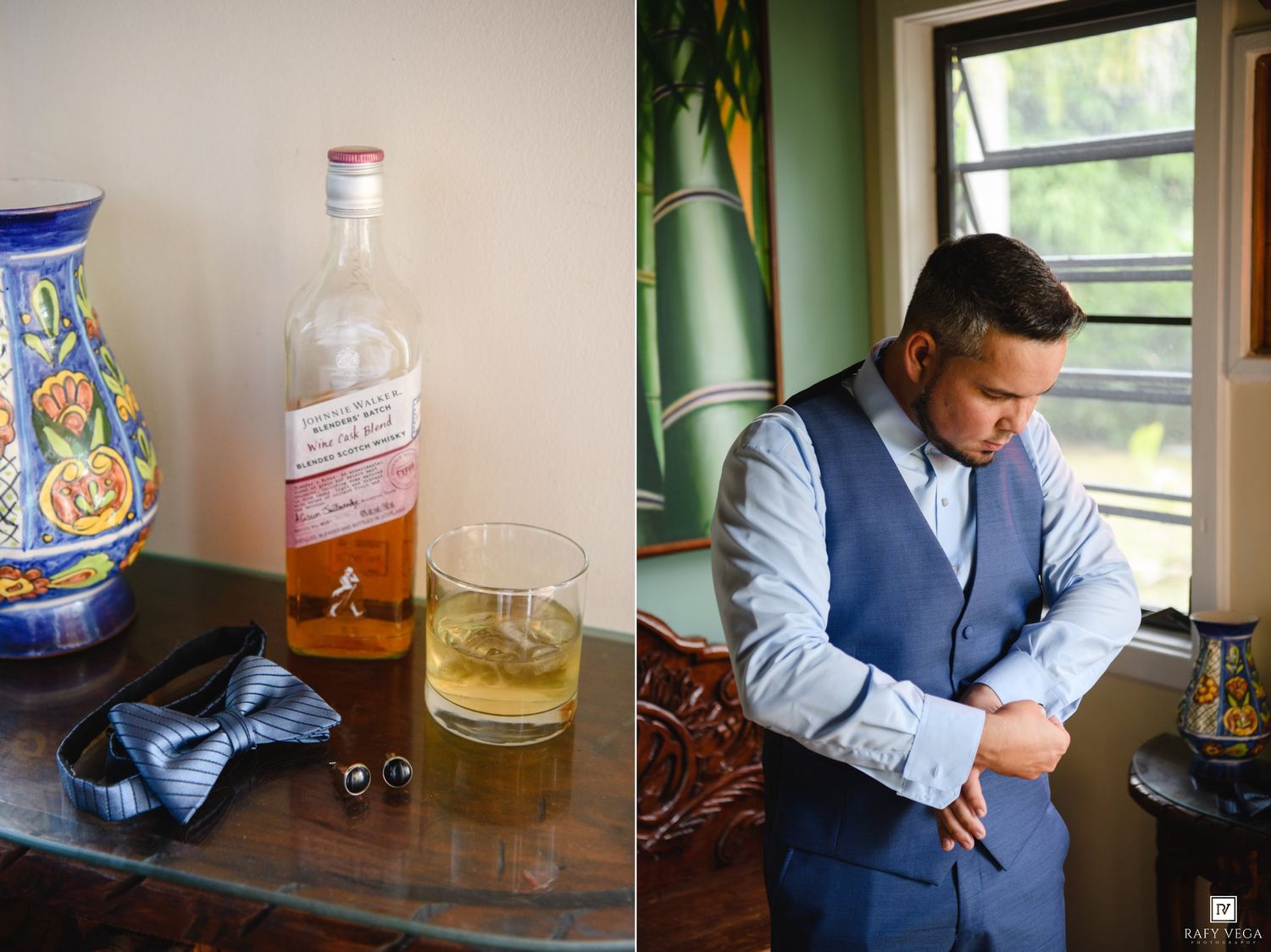 Groom adjusting cufflinks beside a Johnnie Walker whiskey glass, bow tie, and cufflinks on a glass table.