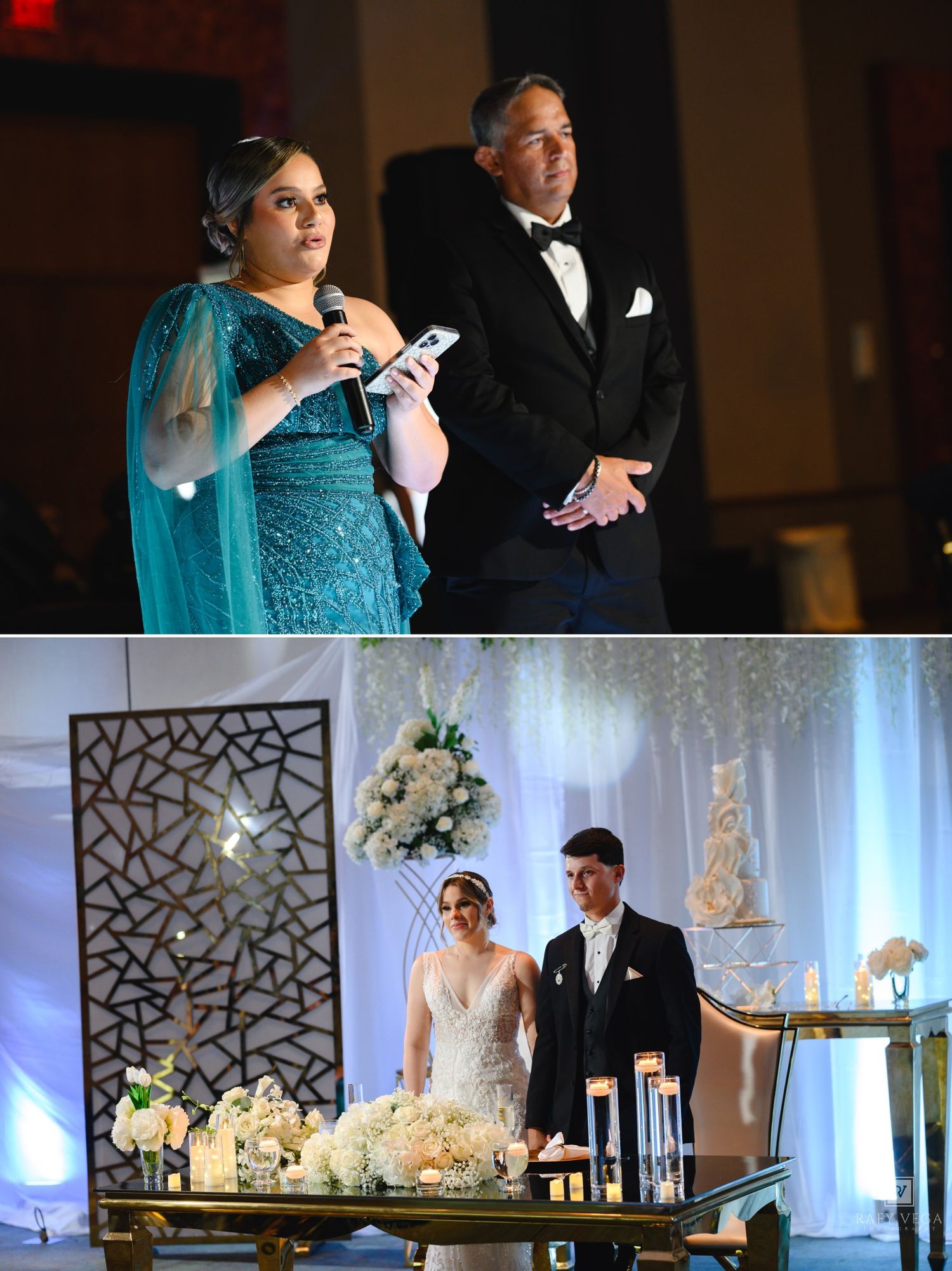 Wedding speech moment with woman in teal gown holding microphone beside man in tuxedo, bride and groom at elegant reception below.