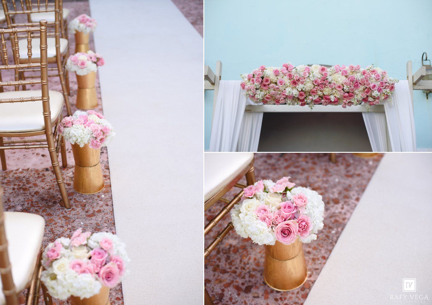 Elegant wedding aisle decorated with pink and white floral arrangements in gold vases beside chiavari chairs.