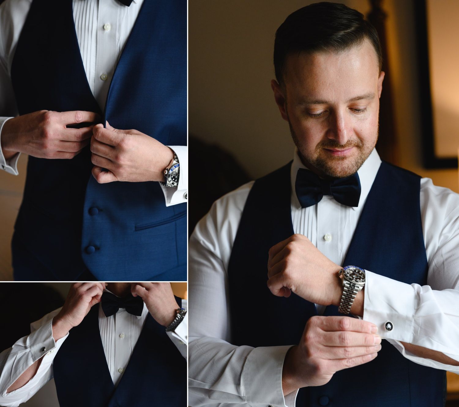 Groom in navy blue suit adjusting bow tie and cufflinks while getting ready for wedding day.