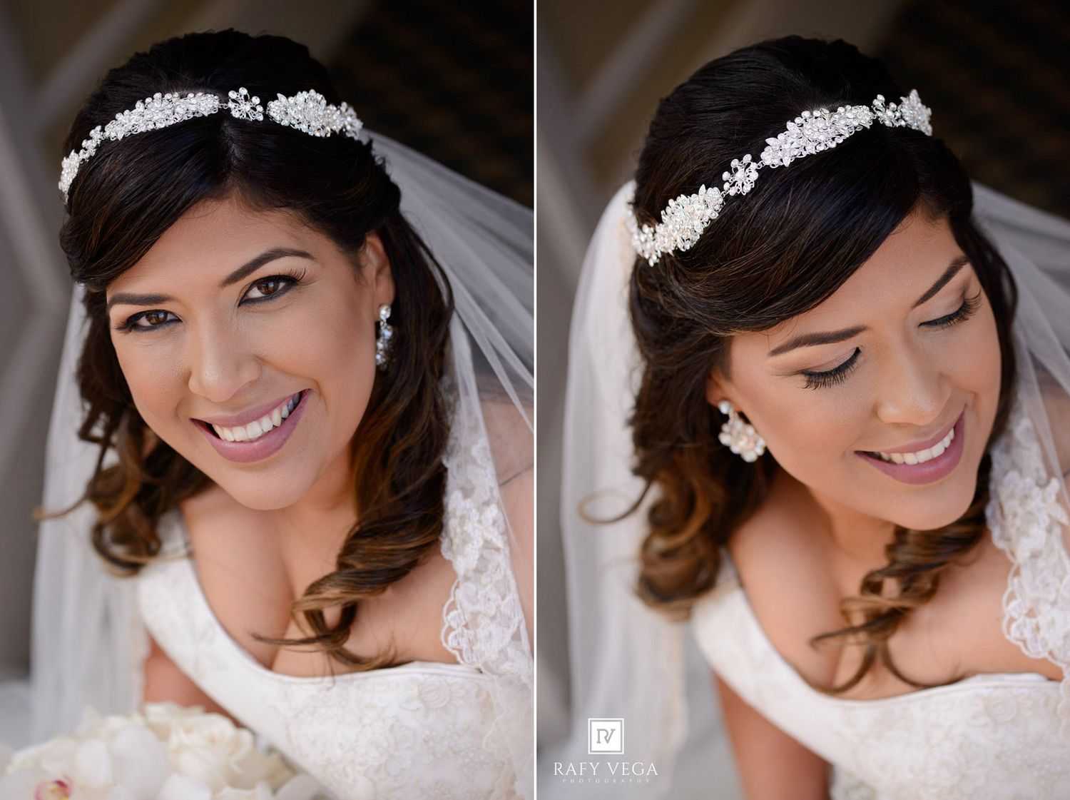 Smiling bride wearing a floral crystal headband and veil with lace dress on her wedding day.