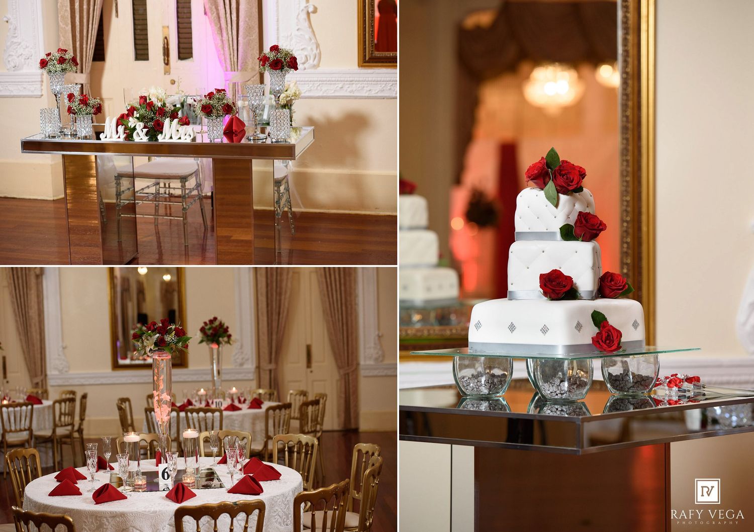 Elegant wedding reception hall with red floral centerpieces, gold chairs, and a white cake adorned with red roses.
