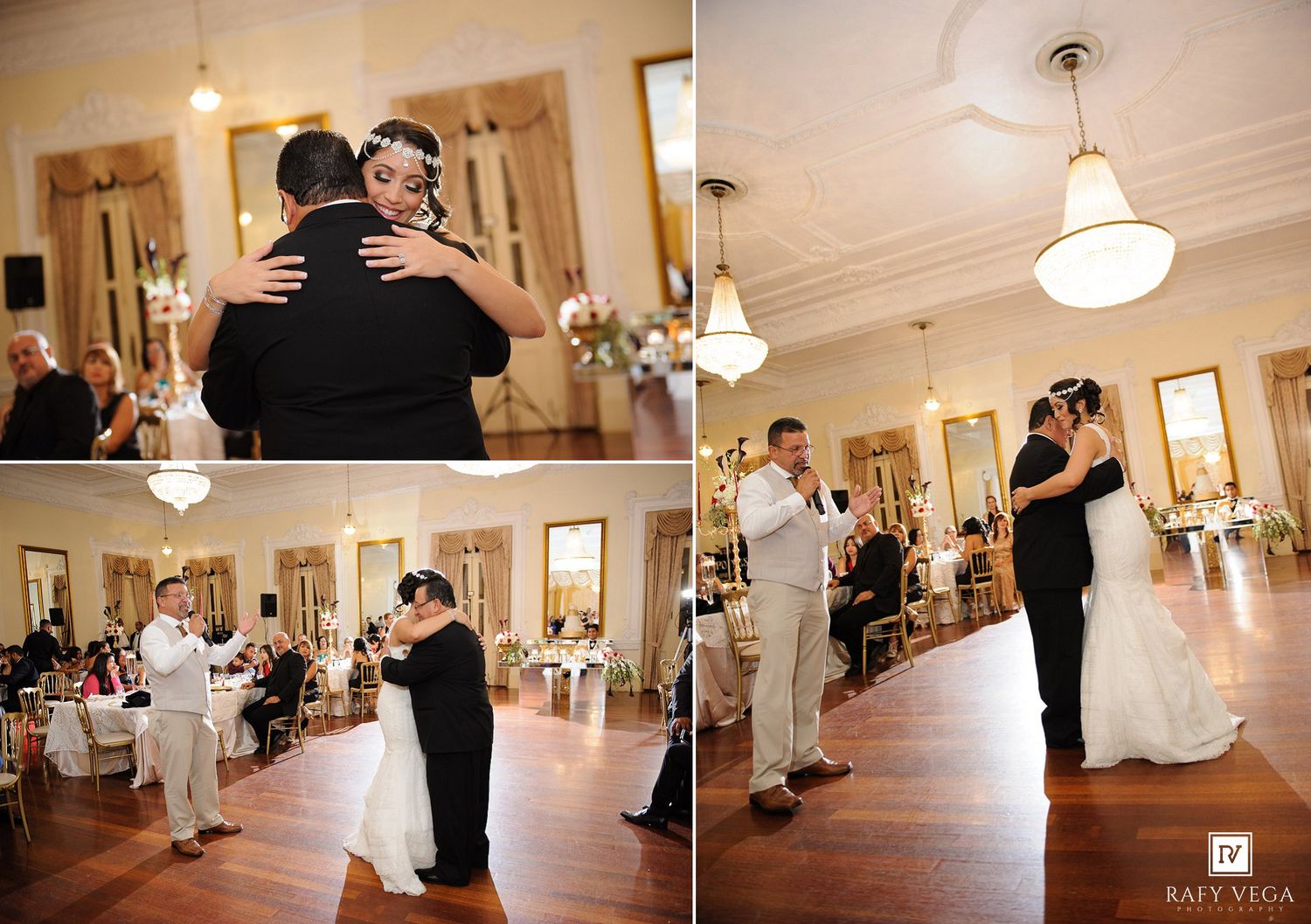 Bride and groom share their first dance at an elegant wedding reception in a grand ballroom with chandeliers.