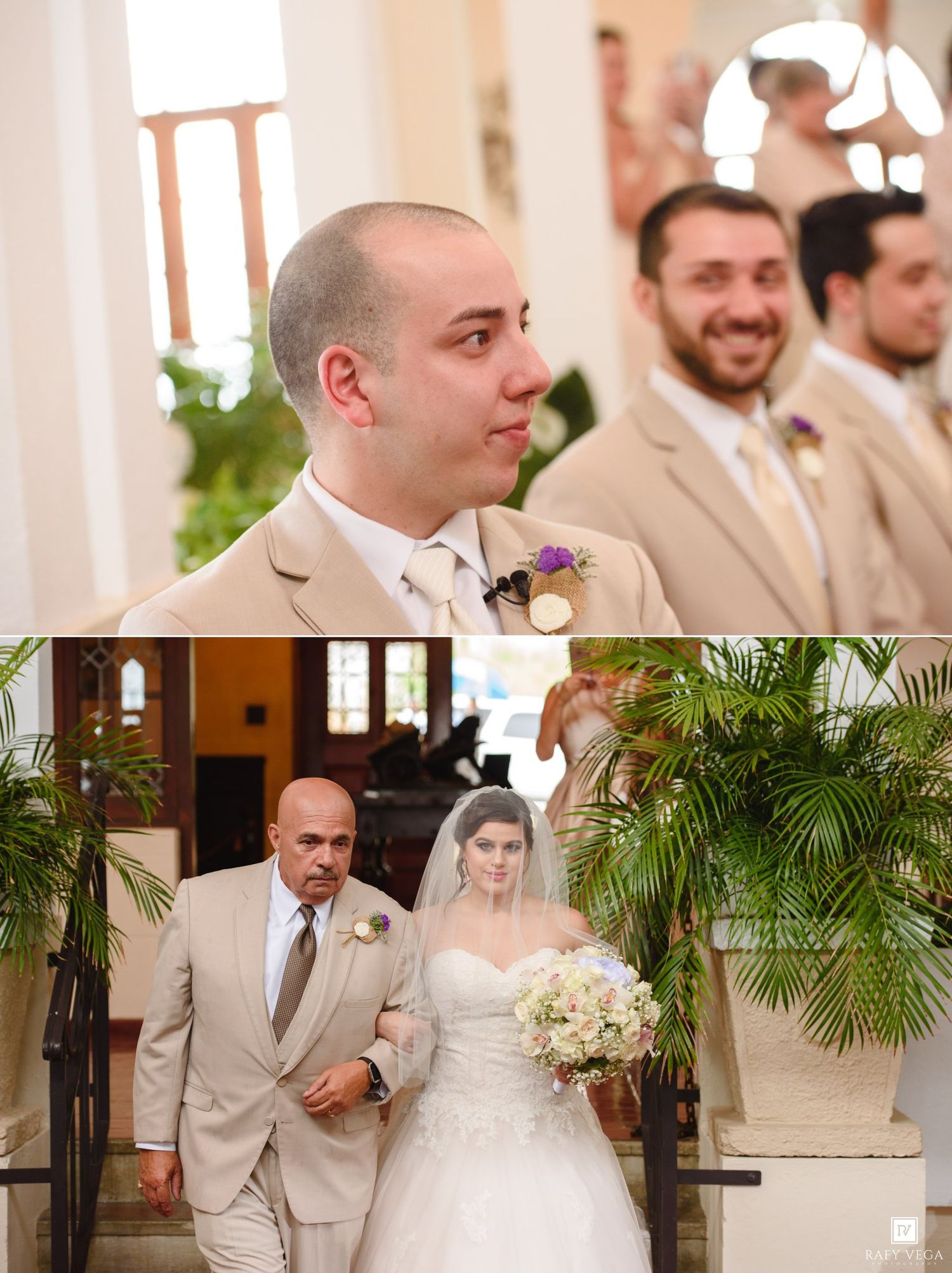 Groom awaits bride at church altar as father walks daughter down the aisle in a classic wedding ceremony.