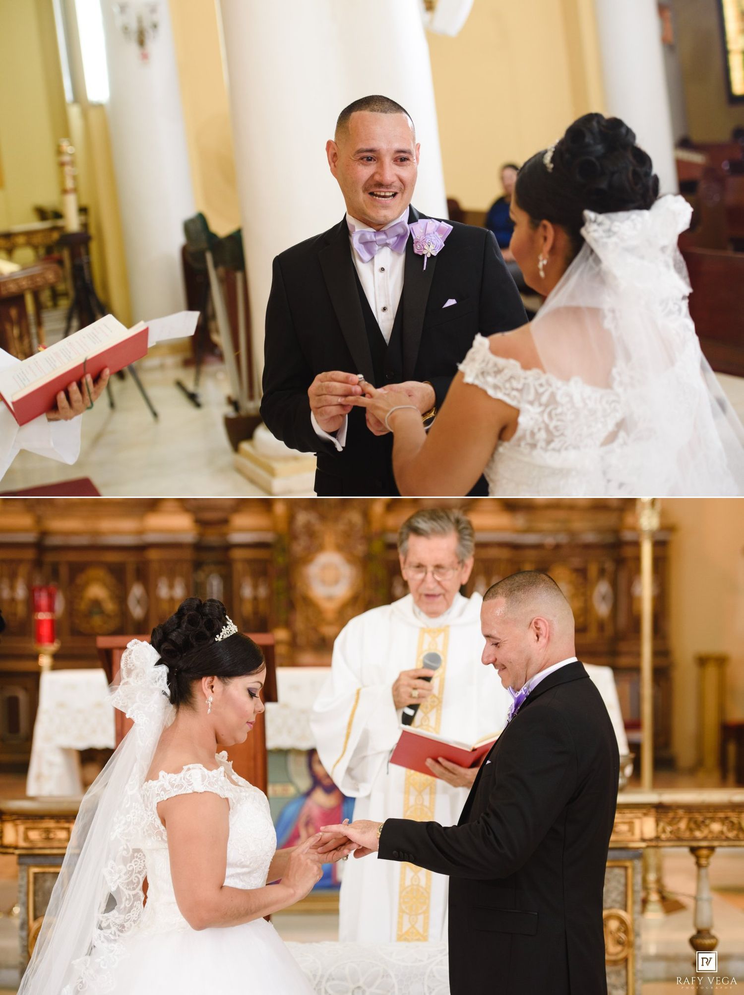 Bride and groom exchanging rings during a traditional church wedding ceremony with an officiant reading from a red book.