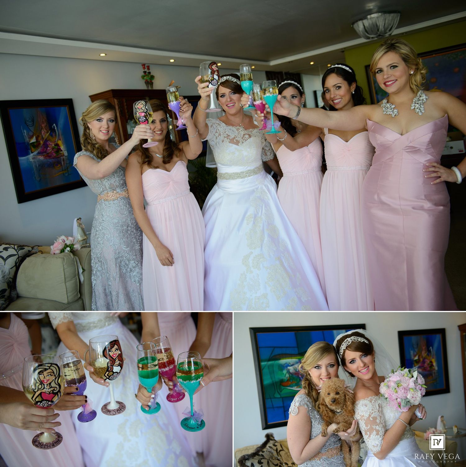 Bride and bridesmaids in pink dresses raising colorful painted wine glasses in a bright room.