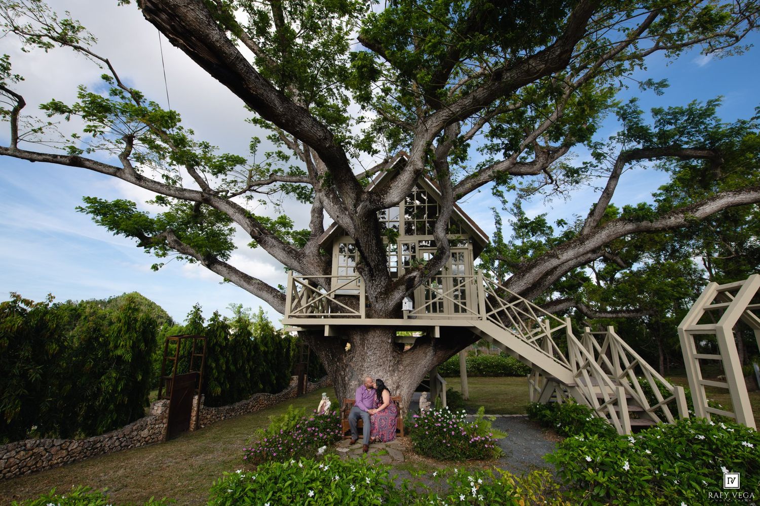 Couple sitting beneath a charming wooden treehouse built in a large tree, surrounded by lush greenery.