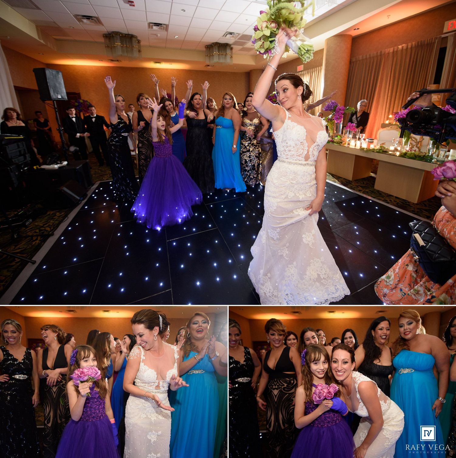 Bride tosses bouquet to guests on a starlit dance floor at an elegant wedding reception.