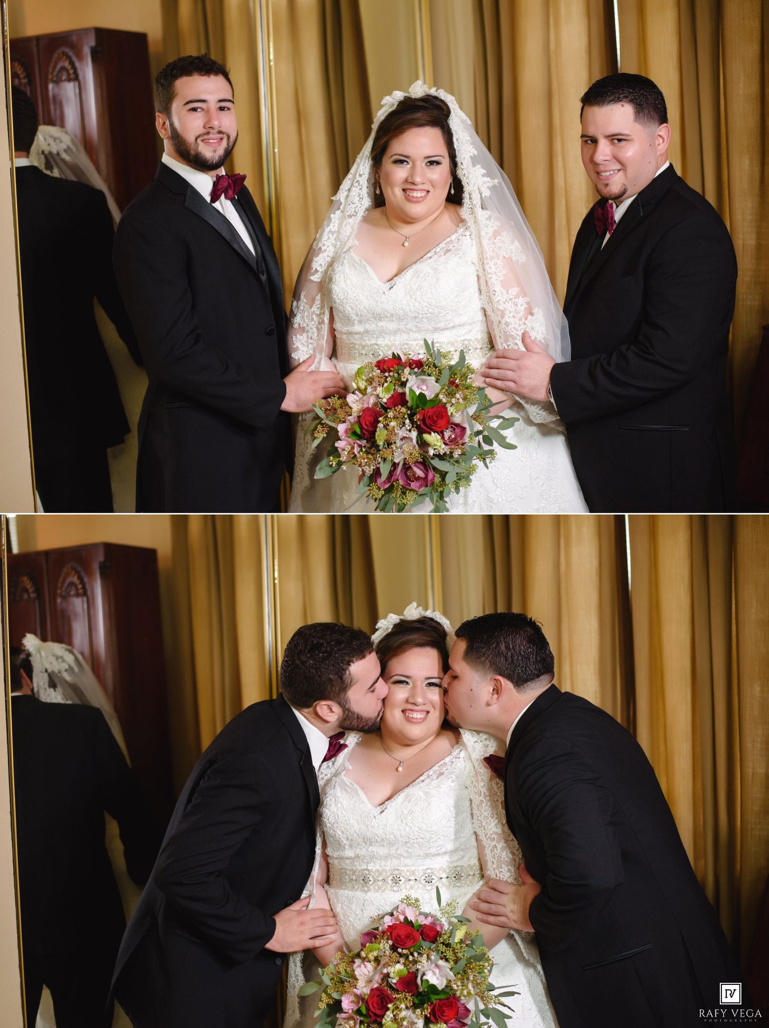 Bride in lace wedding gown holding red bouquet poses with two groomsmen in black tuxedos, then receives kisses on cheeks.