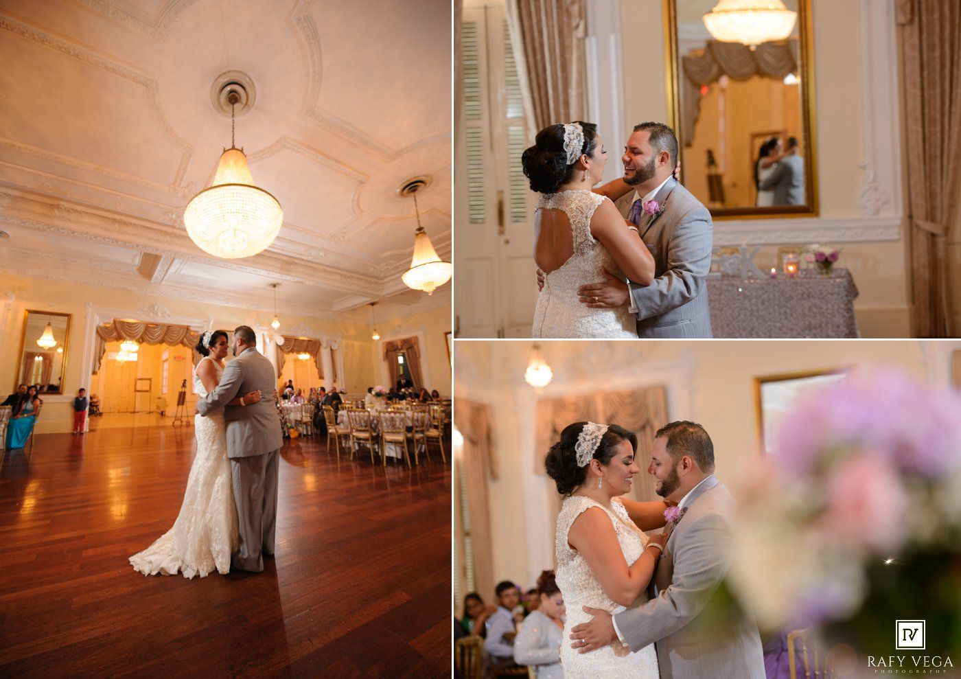 Bride and groom share their first dance in an elegant ballroom during a romantic wedding reception.