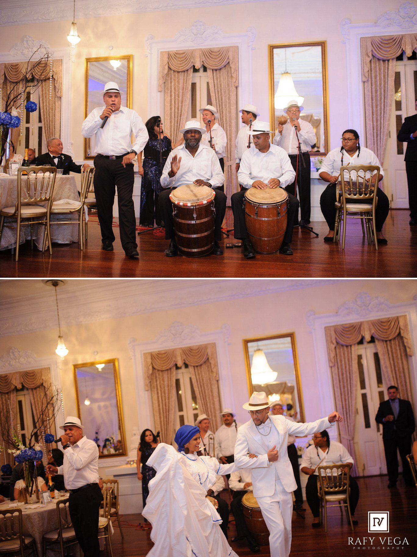 Live Latin drum band performs at elegant wedding reception while couples dance in white attire.