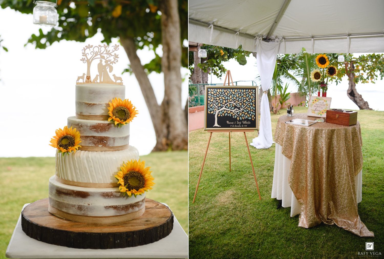 Rustic naked wedding cake topped with sunflowers and tree topper beside a gold sequin guest book table outdoors.
