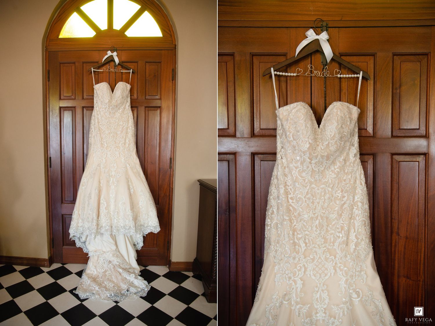 Elegant lace mermaid wedding dress displayed on a hanger against wooden doors in a classic venue.
