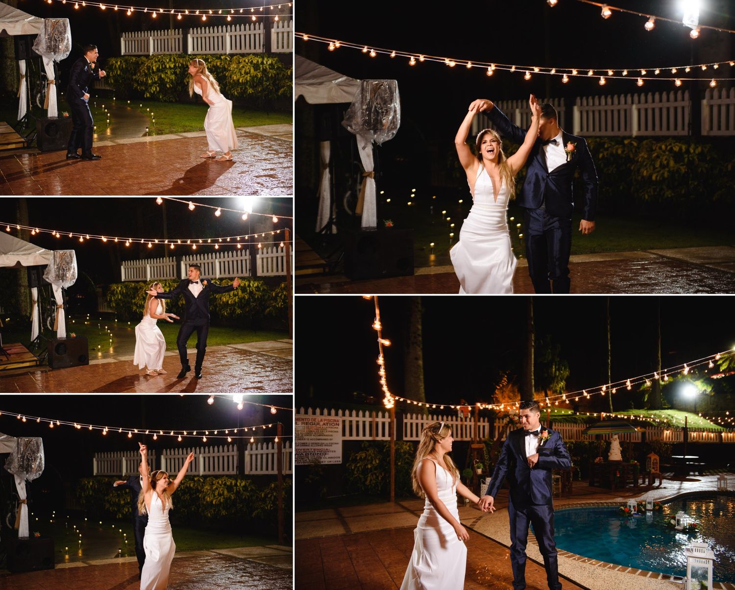 Bride and groom dancing joyfully under string lights at an outdoor nighttime wedding reception near a pool.