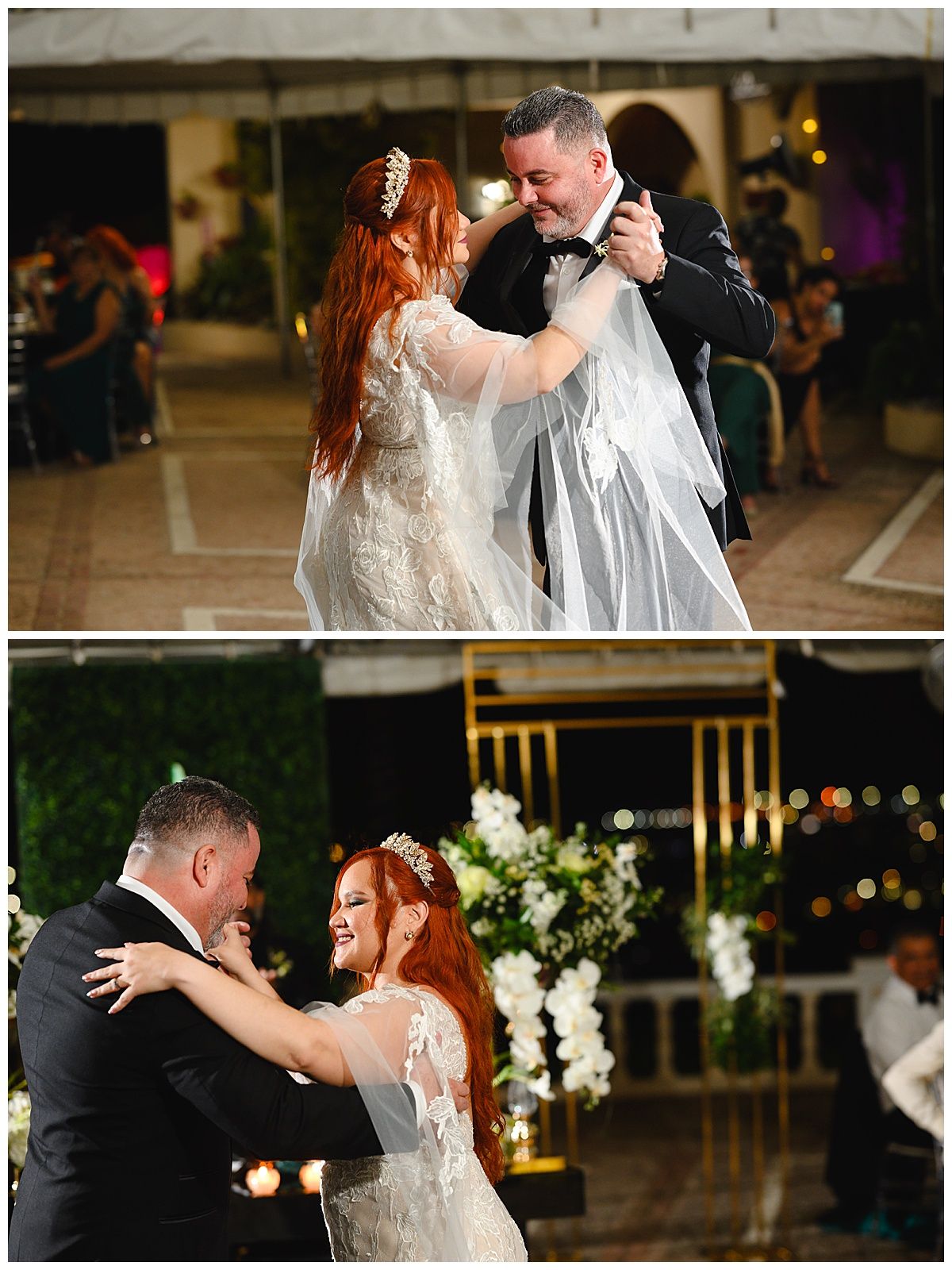 Bride in lace gown with red hair dances with groom in black tuxedo during romantic wedding reception first dance.