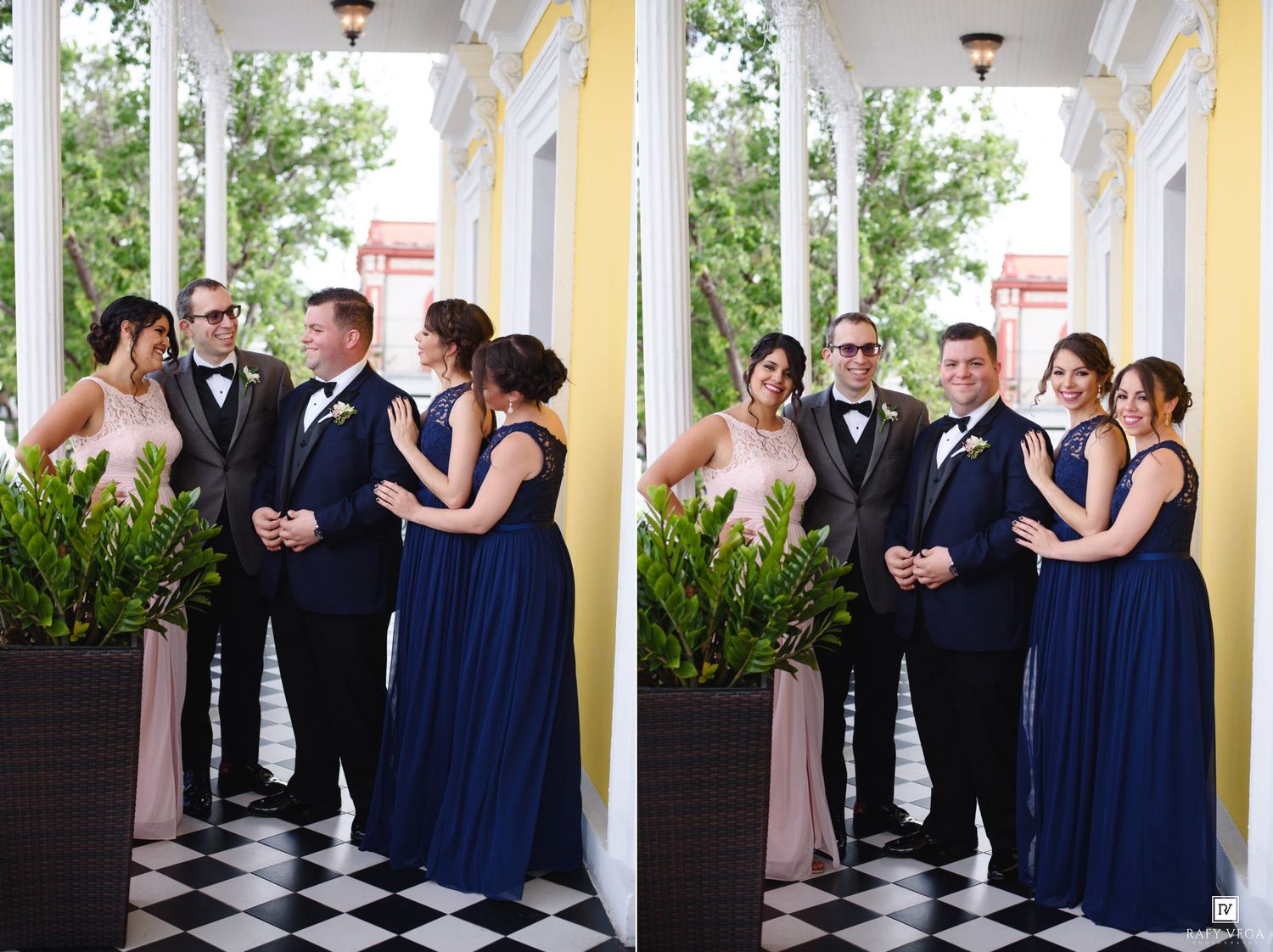 Wedding party in navy blue and blush on a classic black and white checkered porch with yellow columns.