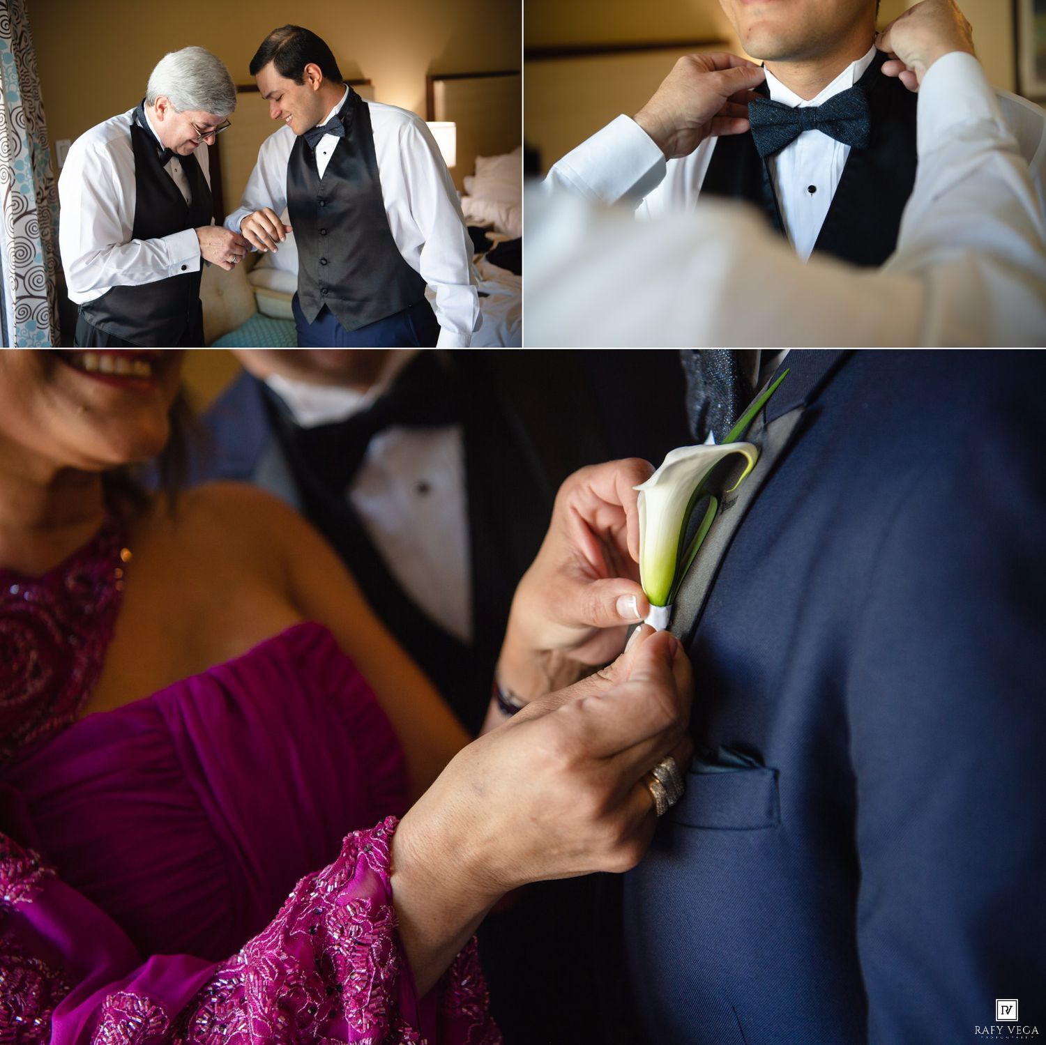 Groom getting ready for wedding, having bow tie adjusted and boutonniere pinned on suit jacket by family members.