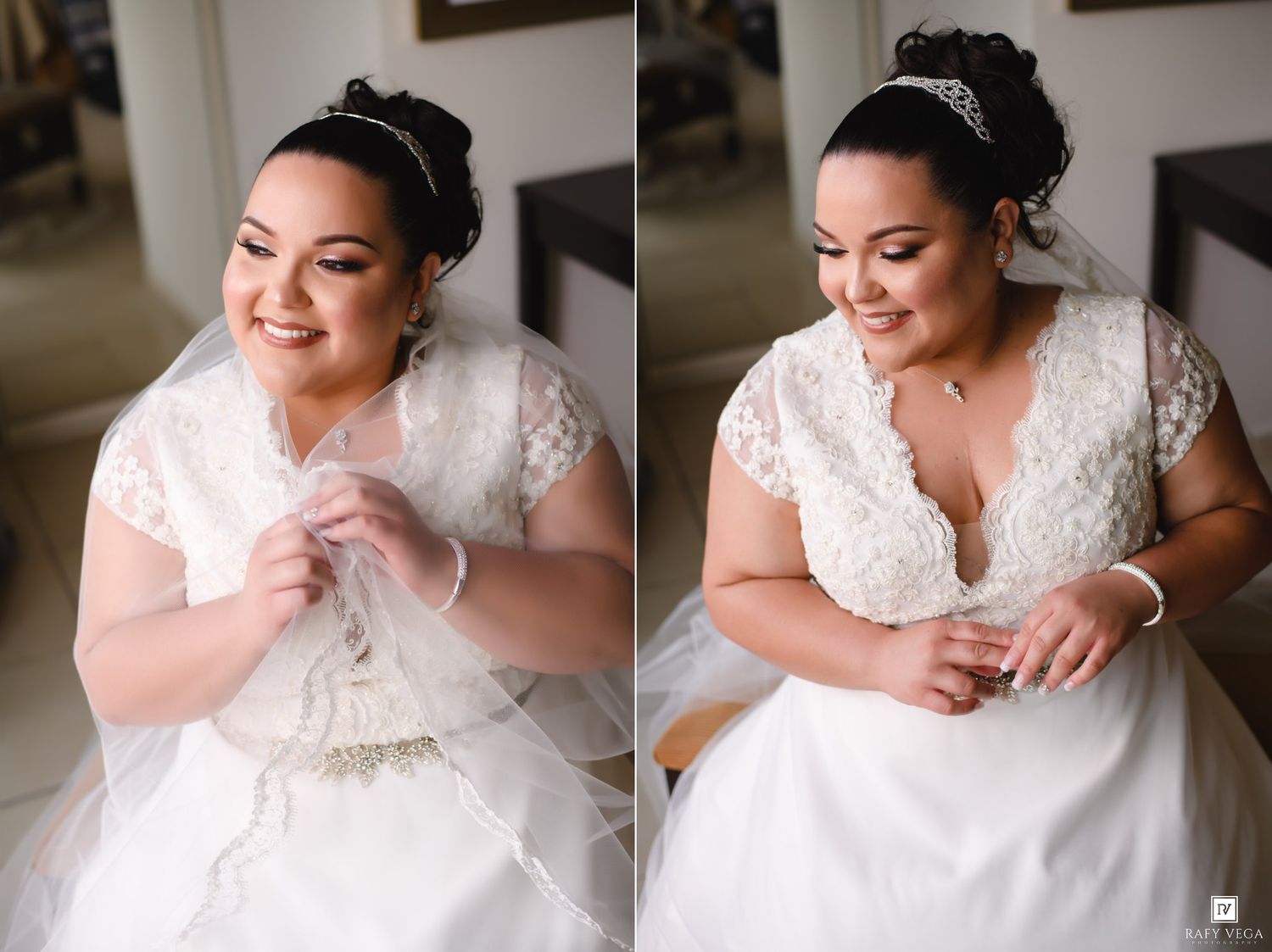 Bride in lace wedding dress with veil and tiara smiling while getting ready for her wedding day.