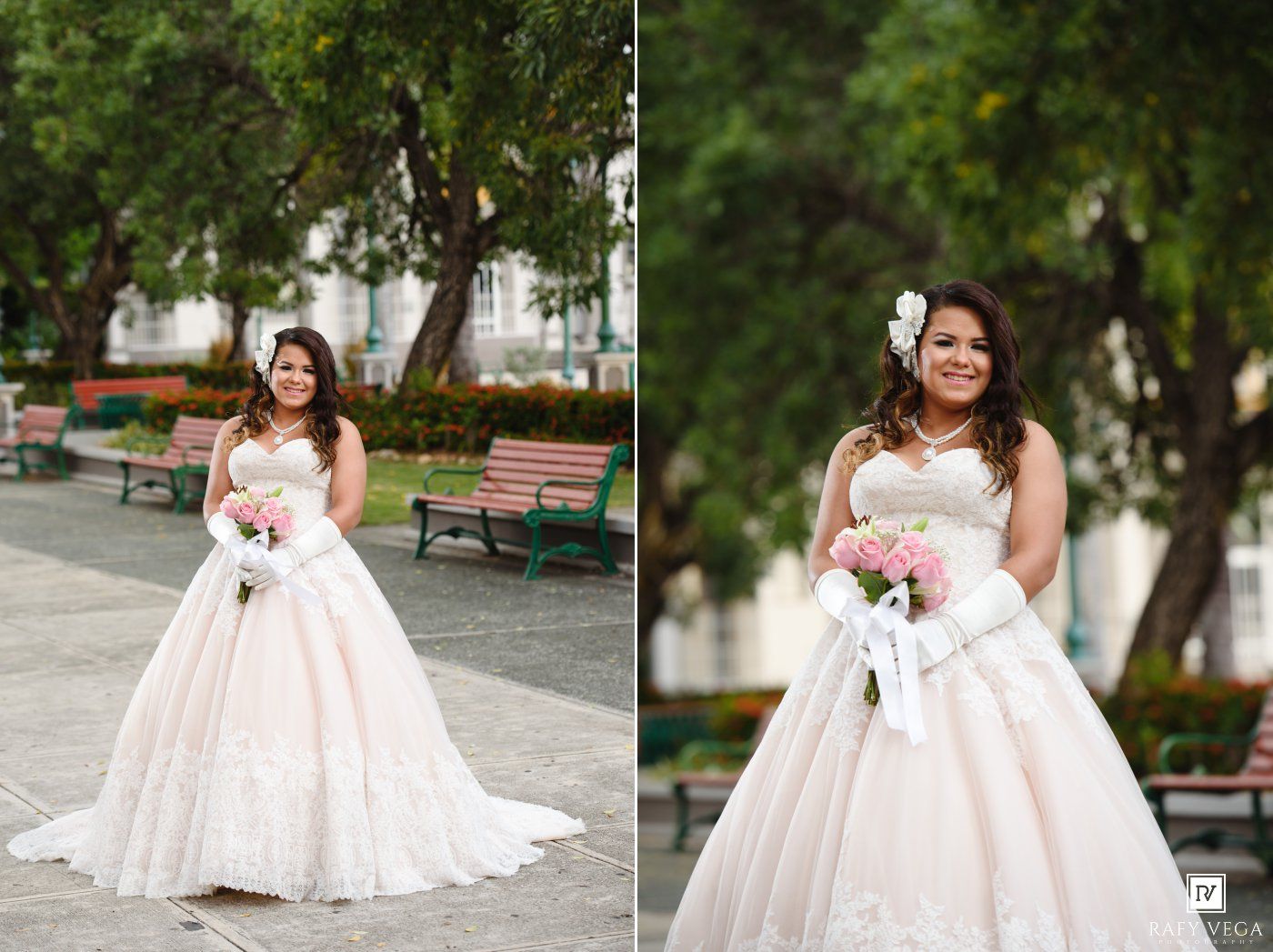 Young woman in elegant blush ball gown wedding dress holding pink bouquet, posing in a park setting.
