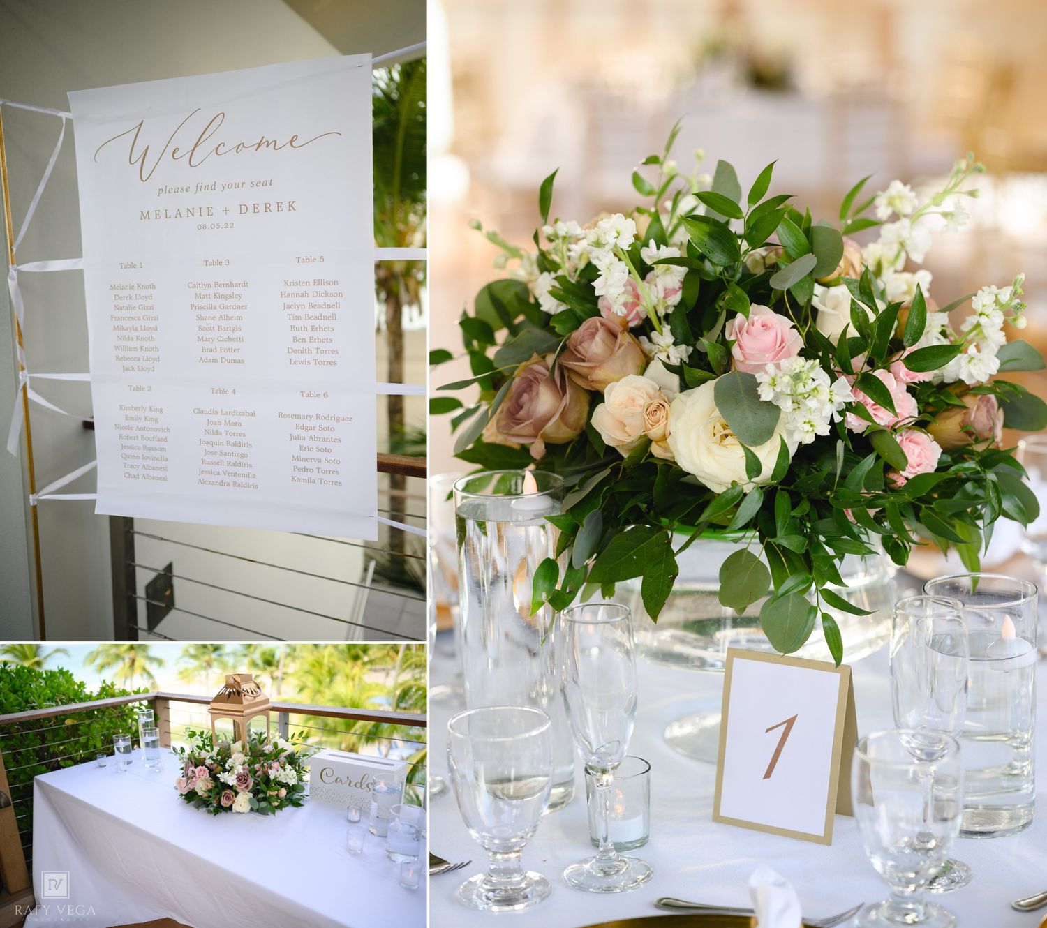 Elegant wedding reception with floral seating chart, blush pink centerpieces, and gold table numbers on glass-set tables.