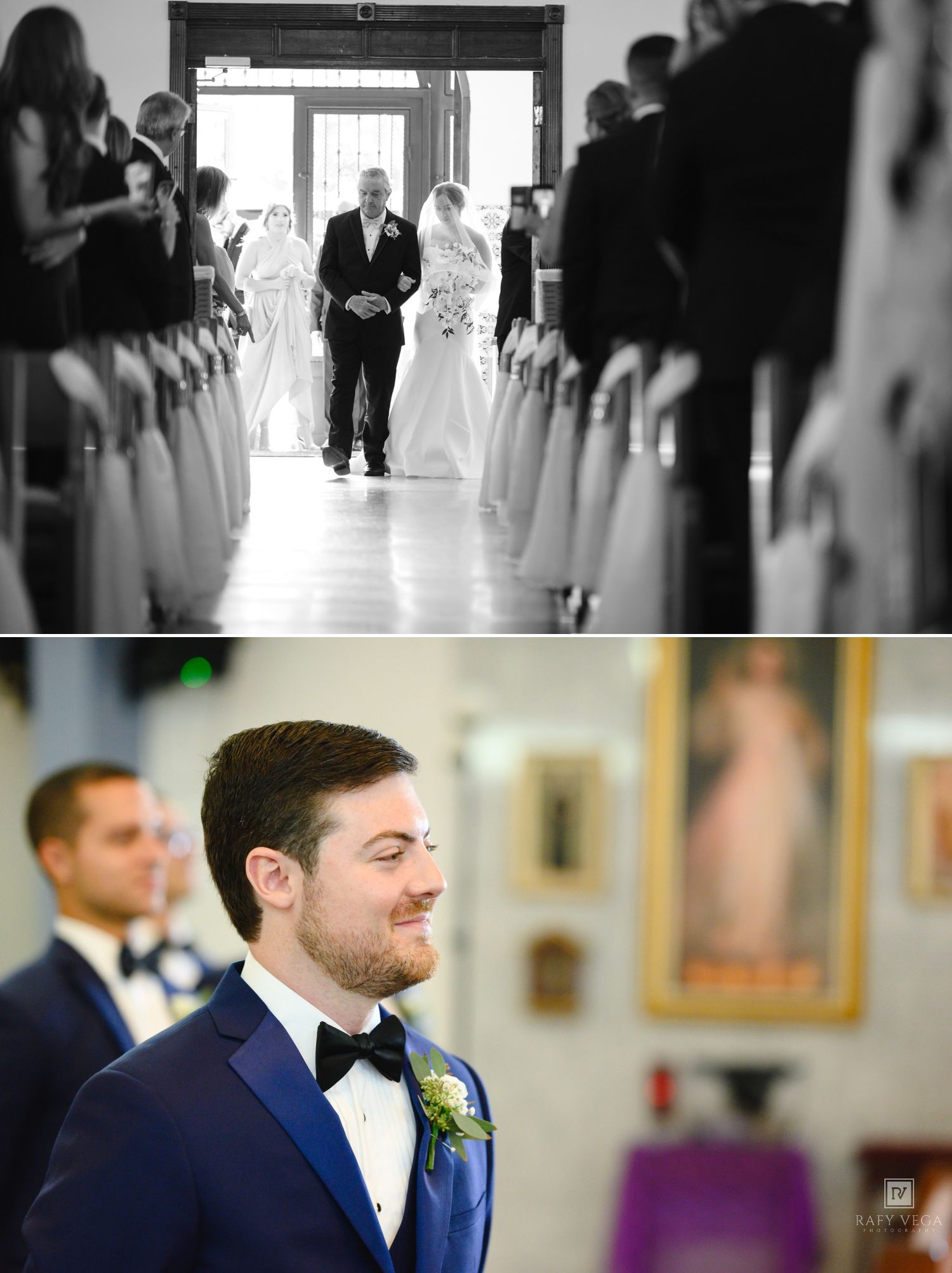 Black and white wedding processional with bride and father walking down the aisle, groom smiling in blue tuxedo below.
