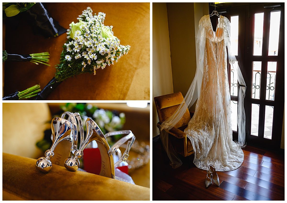 Elegant wedding details collage featuring a white floral bouquet, lace bridal gown on hanger, and crystal bridal heels.