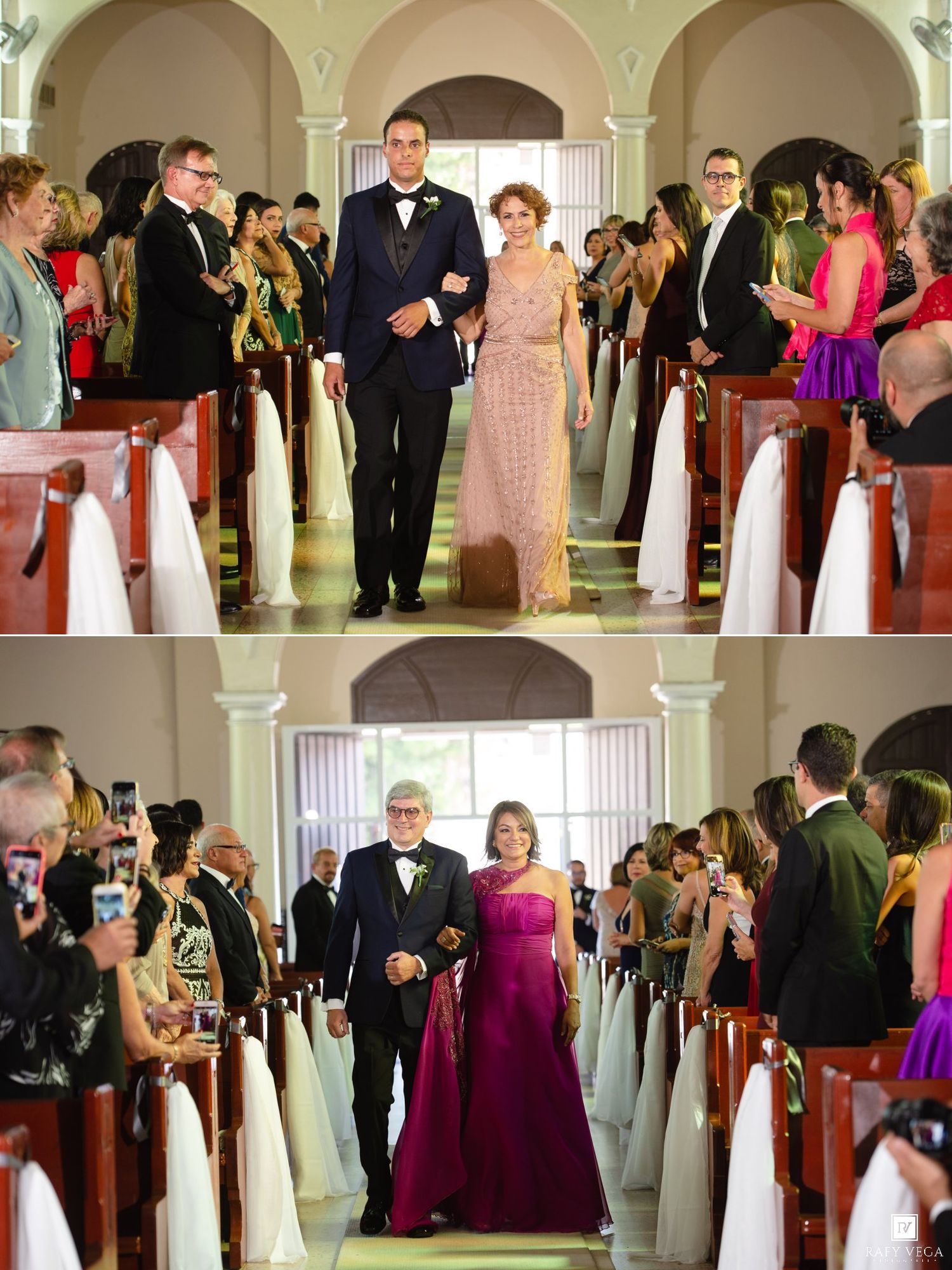 Wedding processional with guests lining church aisle as couples walk in formal attire during ceremony.