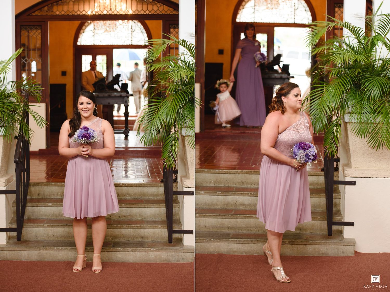 Bridesmaid in lavender dress holding purple bouquet stands near palm trees at elegant wedding venue entrance.