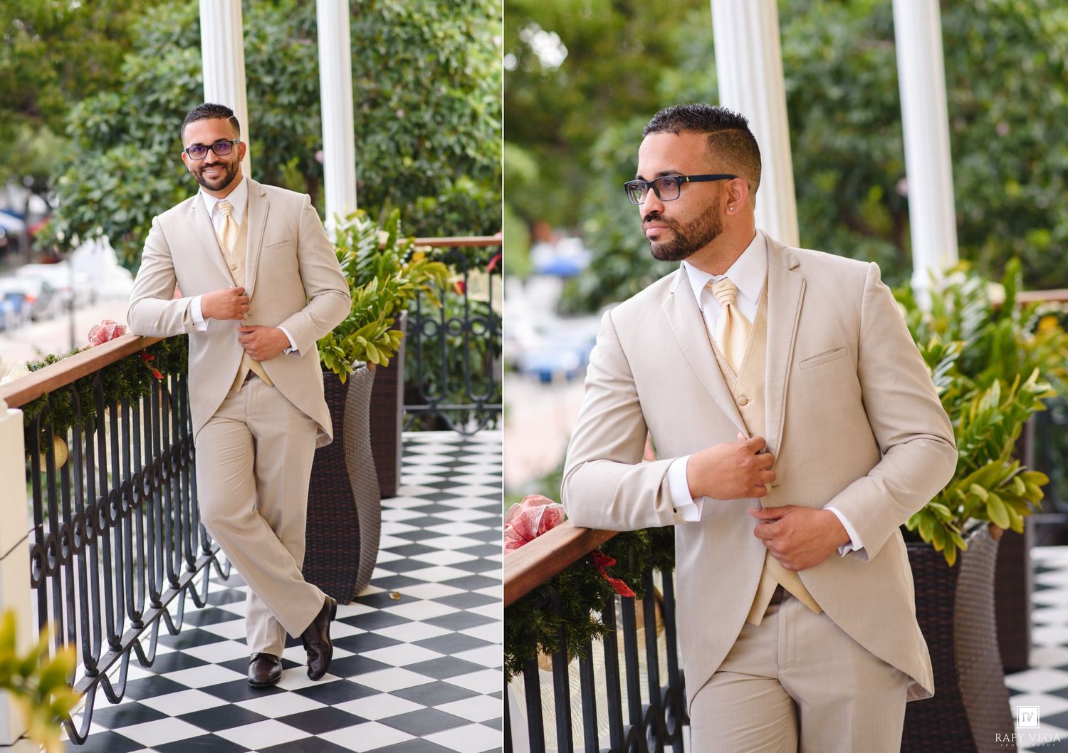 Groom in tan suit with gold tie posing on a black and white checkered porch railing.