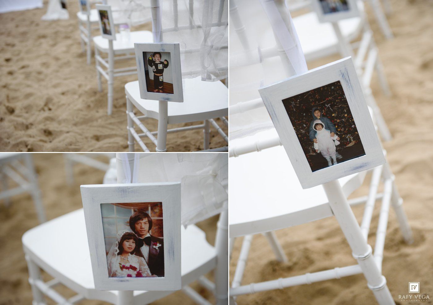White framed childhood photos of the couple displayed on chiavari chairs along the wedding ceremony aisle.