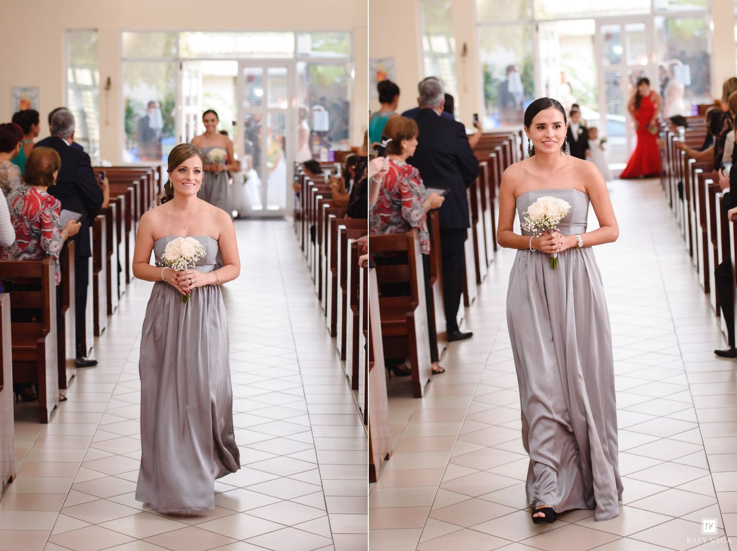 Elegant bridesmaid in a silver strapless gown walks down the church aisle holding a bouquet.