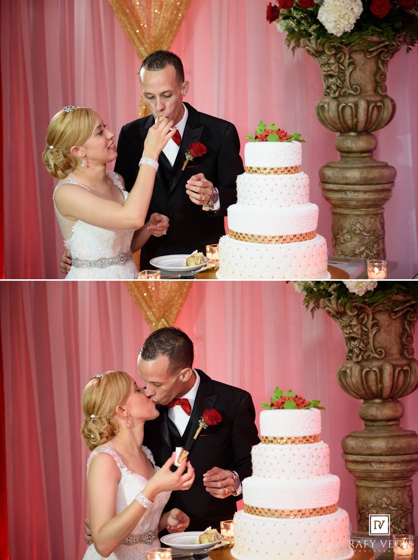 Bride and groom cutting and feeding each other wedding cake at elegant reception with white tiered cake and red roses.