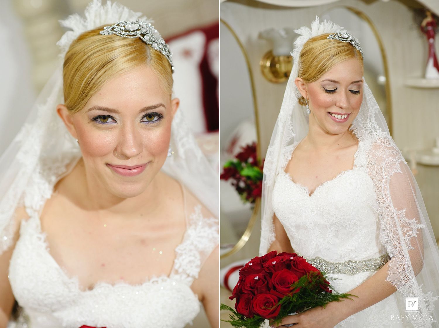 Elegant bride in white lace gown wearing feathered tiara and veil, holding red roses bouquet on her wedding day.
