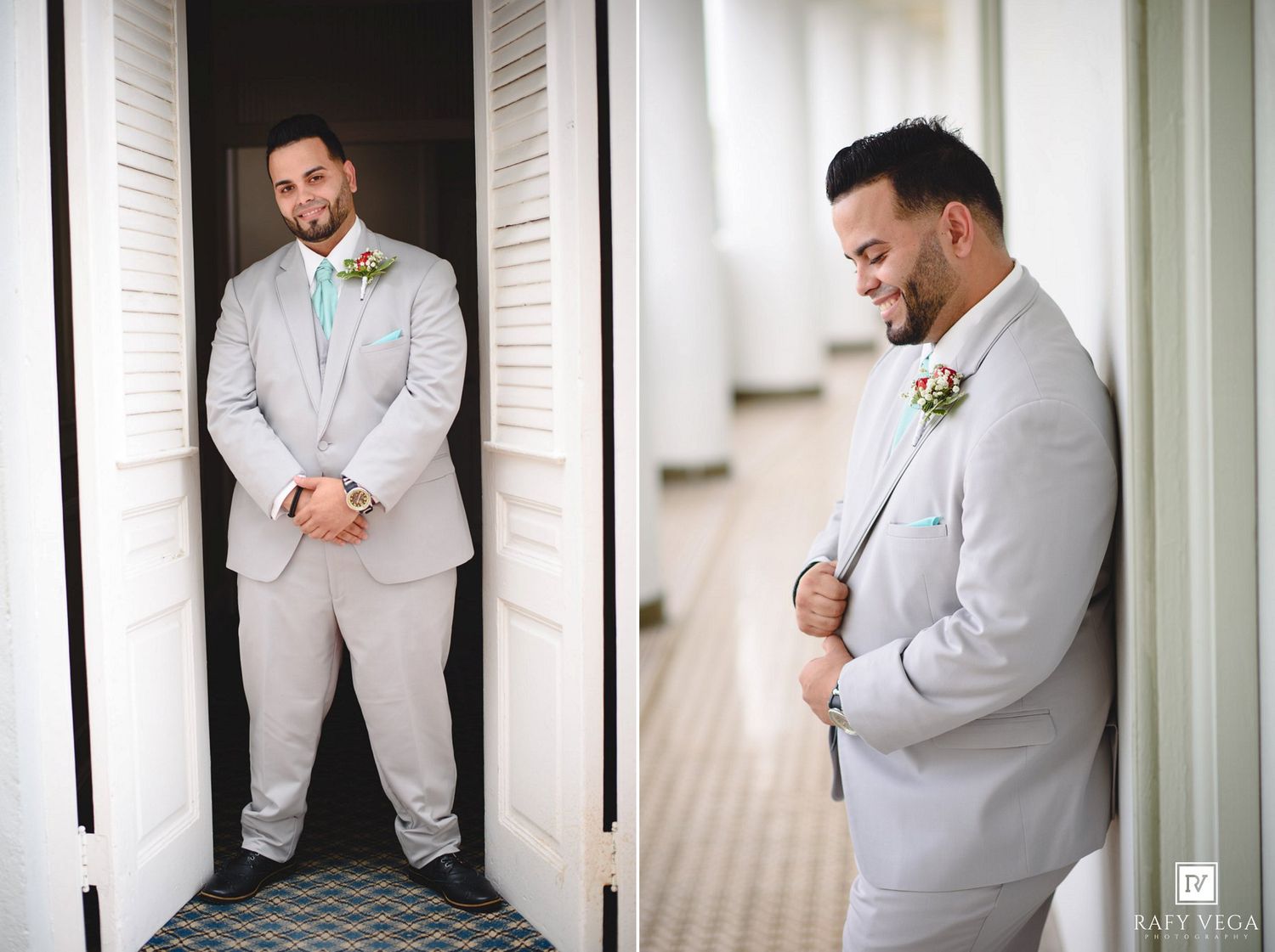 Groom in light gray suit with teal tie and boutonniere posing in doorway and on balcony at wedding venue.