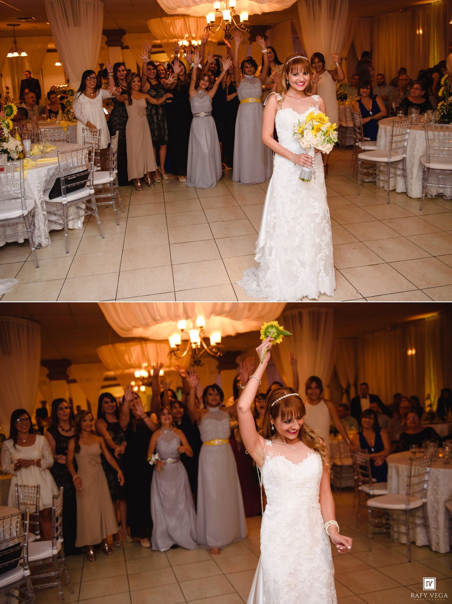 Bride tosses yellow bouquet to excited wedding guests on elegant ballroom dance floor during reception.