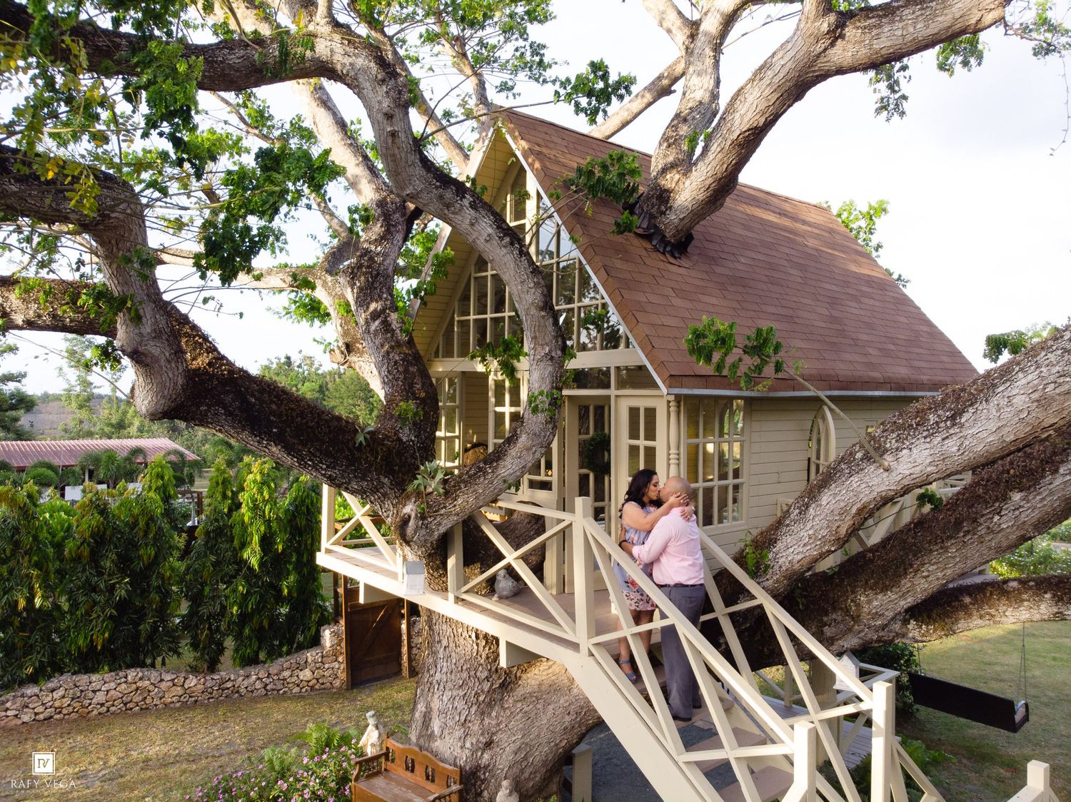 A charming treehouse built around a large tree with wooden stairs and railings, featuring a cozy cottage-style roof.