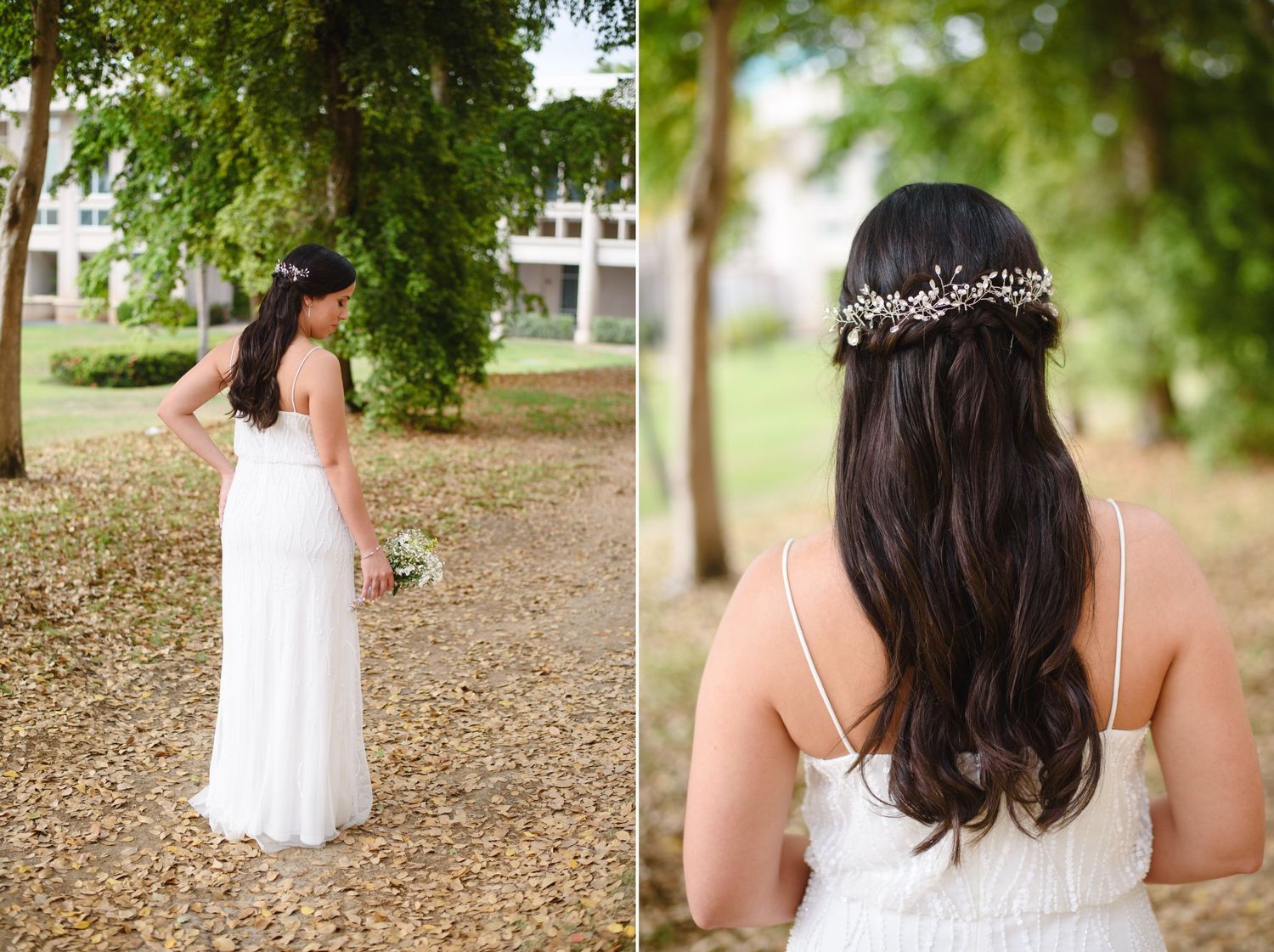 Bride in white gown with floral hair crown poses outdoors among trees.