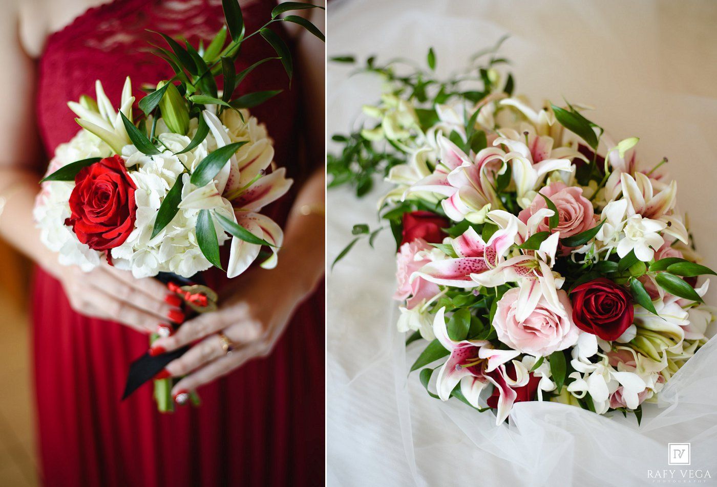 Bridal bouquet with red roses and white lilies held by bridesmaid in red dress beside full pink and white floral arrangement.