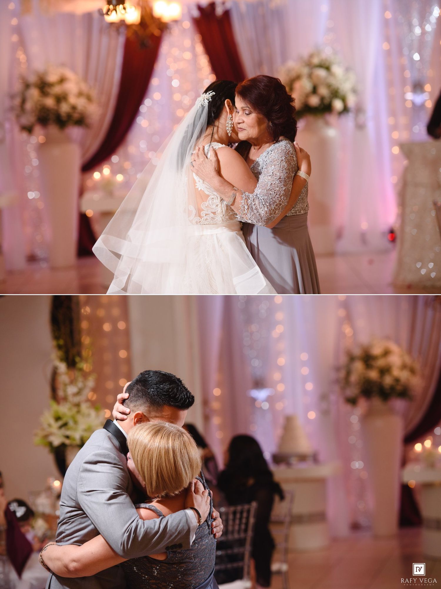 Bride and groom share emotional hugs with family members at elegant wedding reception with twinkling lights.